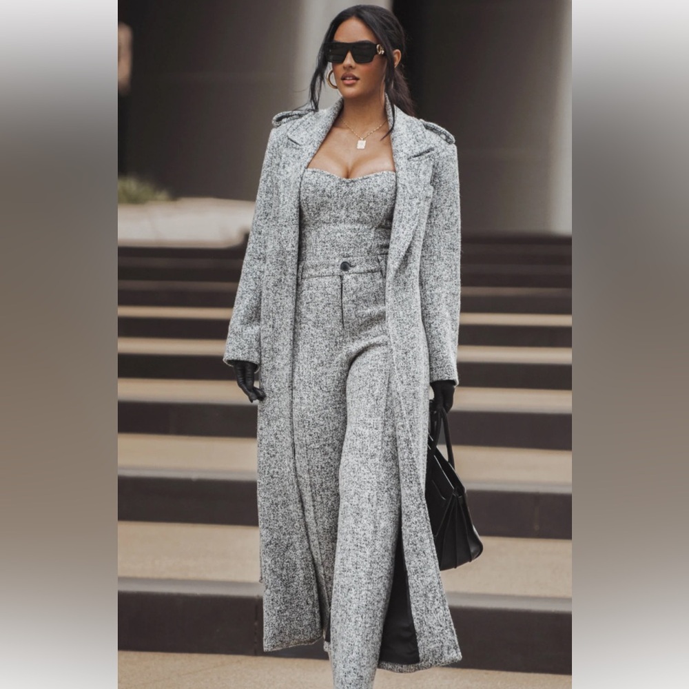 JLUXLABEL Gray Tweed Belted Coat